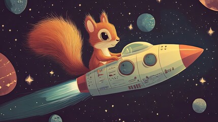 Canvas Print - A Squirrel Astronaut Riding a Rocket Through Space