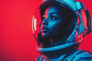 Wall Mural - close-up of young black woman astronaut wearing a spacesuit on red backdrop 