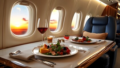 Wall Mural - Exquisite dining in a private jet with sunset views and fine wine for an unforgettable experience