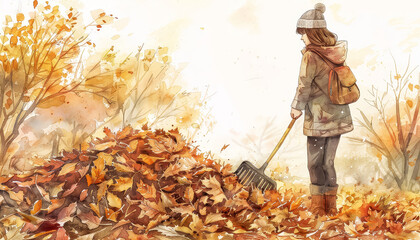 Wall Mural - A woman is raking leaves in a yard