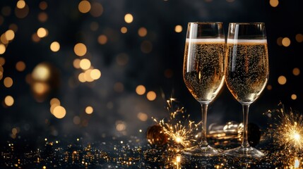 2024 new year celebration with champagne in luxury gold and sparkles and firework in dark