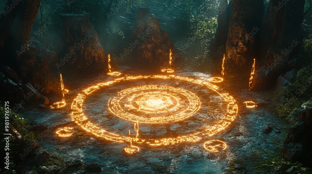 Evocation Rune A circle of glowing runes radiating from the ground, summoning ancient ...