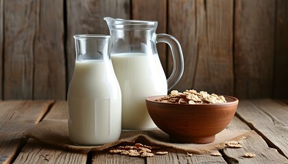 Rustic wooden table featuring a jug of milk and bowl of cereal amidst a serene rural landscape