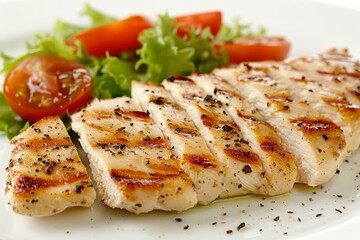 Wall Mural - Sliced Grilled Chicken Breast Served with Fresh Salad on a White Plate, Food Photography.