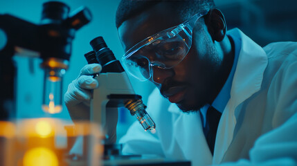 A black man peers through a microscope in a well-equipped laboratory, focused on his study for medical research. The setting is filled with advanced scientific tools and glassware, highlighting.