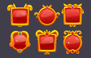 Poster - golden fantasy medieval frame with gem stones and red background for game ui design. cartoon vector 