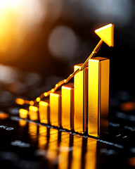 Golden bar graph with an upward arrow representing financial growth, investment success, and data analysis in a modern business.