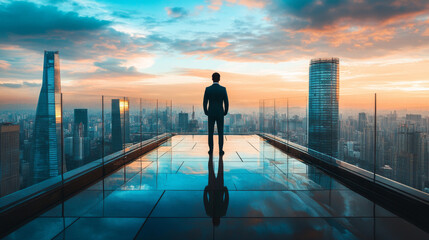 A business man stands contemplatively on a rooftop overlooking a bustling city, the skyline filled with towering skyscrapers. His expression reflects determination and ambition as he ponders his care.