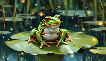 Enchanting green frog resting on a lily pad in a shimmering pond illuminated by fireflies