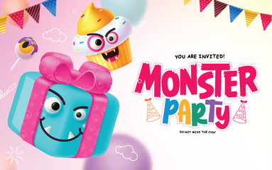 Wall Mural - Monster party invitation vector design. Birthday party greeting text with gift box and cup cake characters in pennants background. Vector illustration invitation card design. 
