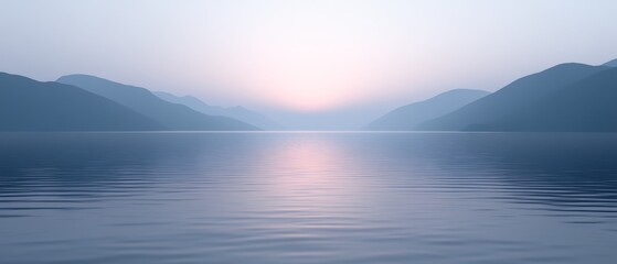 Wall Mural - Serene twilight landscape over calm waters with distant mountains silhouetted against a pastel sky