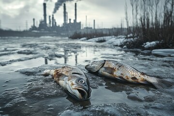 two dead fish in the foreground, an oil production plant is visible in the background, a winter land