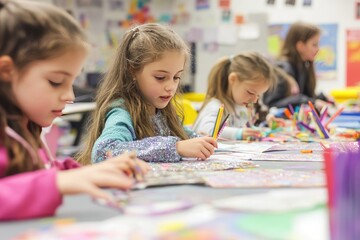 Lively Art Studio with Children Working on Crafts and Drawings, Spring Festival Decorations