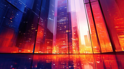 An urban skyline transformed by striking glass reflections at dusk, creating a breathtaking abstract display of colors