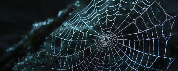 Close Up Eerie White Spider Web on Dark Backdrop Scene