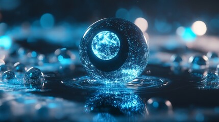 Yin-yang symbol floating in a futuristic space filled with holographic orbs, Hologram, Futuristic, Digital Rendering, soft blue neon hues