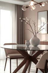 Wall Mural - Modern dining room table with glass top and white vase with branches.