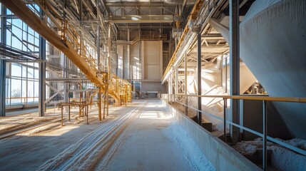 Industrial Interior with Conveyor Belts and White Powder