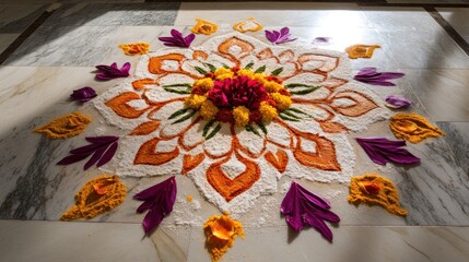 Floral Mandala Design on Marble Floor