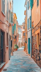 Empty Narrow Street with Old Stone Buildings, Shutters and Potted Plants on a Sunny Day