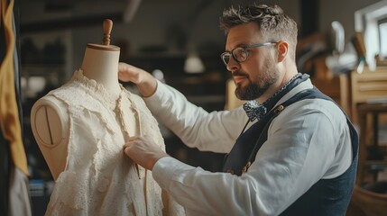 A Man in a White Shirt and a Bow Tie Adjusting a Lace Dress on a Mannequin