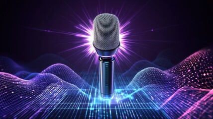 Vibrant microphone illustration with sound waves and glowing effects, perfect for music and audio-related projects.