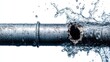 © savittree - Leaking PVC pipe with clear water splashing out from a crack, focusing on the damage, set against a white background
