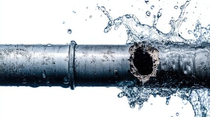 Leaking PVC pipe with clear water splashing out from a crack, focusing on the damage, set against a white background