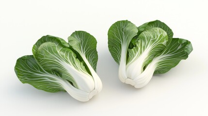 Sticker - Fresh Bok Choy Halved - Photorealistic 3D Render with Crisp Leaves on White Background at 45 Degrees Angle