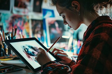 a graphic design student specializes in producing high-quality digital art on a tablet, blending cre