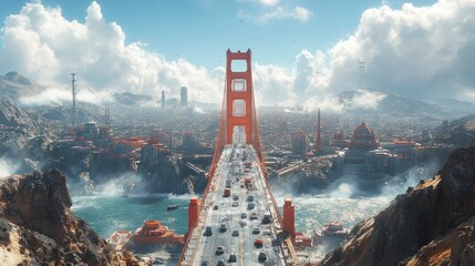 Wall Mural - A futuristic view of a cityscape featuring a prominent bridge.