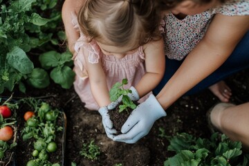 Closed-up of mother and daughter seedling plant in the garden, Children and parents plant small tree, Caucasian mother and daughter planting trees in the forest.