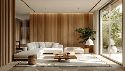 Sticker - Modern Minimalist Living Room with Wooden Wall