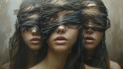 Three Women Blindfolded by Veils and Water Drops