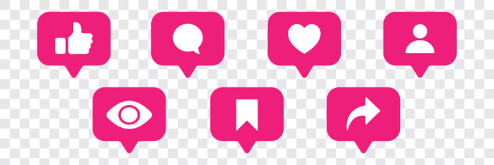 Like, love, heart, thumb up, repost, comment, share, save, stories user button sign in circle and speech bubble shapes, emoji post reactions, set social media notification functional icons – vector