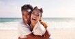 © Nina2024/peopleimages.com - Friends, funny and hug with women on beach together for holiday, travel or vacation in summer. Love, smile or trust with happy people embracing and laughing outdoor at ocean or sea for bonding