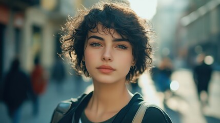 Wall Mural - A woman with short hair and a black shirt is standing on a street