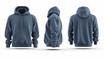 Three views of a blue hoodie for casual wear.