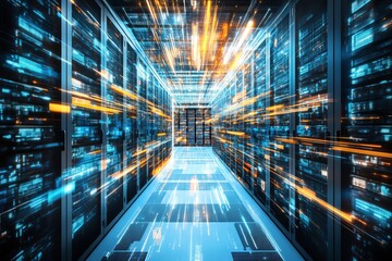 Poster - data center storage with information data traveling as blue and orange lights, cloud computing