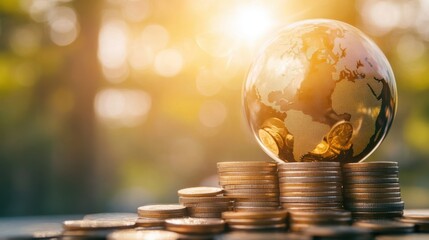 A globe overlay on neatly stacked coins, with sunlight highlighting the concept of global finance and wealth management.