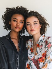 Wall Mural - Two women are posing for a photo, one wearing a black shirt