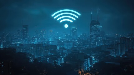 Poster - A city skyline with a wifi symbol in the middle