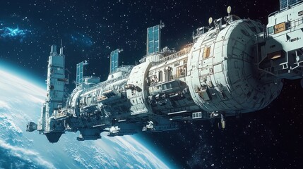 A modular space station floating between Earth and the Moon, with cargo ships docking and astronauts performing maintenance on the exterior, against the backdrop of stars.