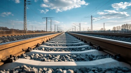 Canvas Print - A nearly completed high-speed railway with final adjustments being made to the tracks. The sleek rails stretch far into the distance, ready for modern train traffic.