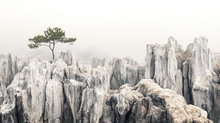 Wall Mural - Solitary Pine Amidst Foggy Stone Formations