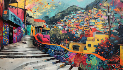 Wall Mural - A colorful street scene with graffiti on the buildings and cars