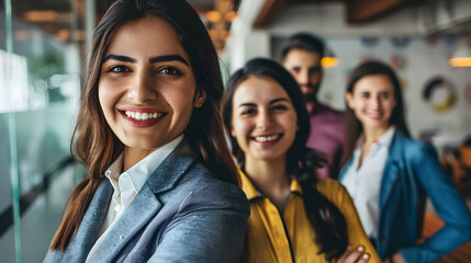 Wall Mural - Group of business workers smiling happy and confident. Posing together with a smile on face looking at the camera at the office