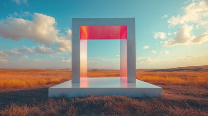 Wall Mural - A minimalist structure in a vast landscape with colorful lighting.