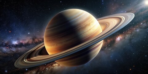 Wall Mural - Planet Saturn with its iconic rings surrounded by stars and moons, Saturn, planet, rings, space, astronomy, celestial