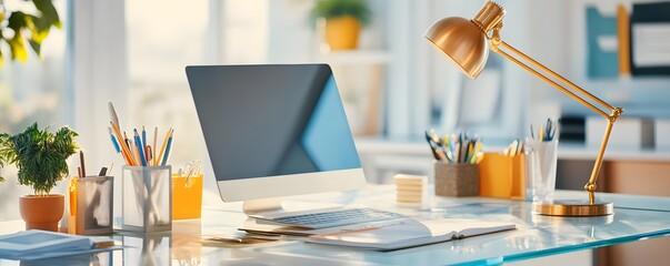 Canvas Print - Modern Office Desk with Computer, Lamp, and Plants.